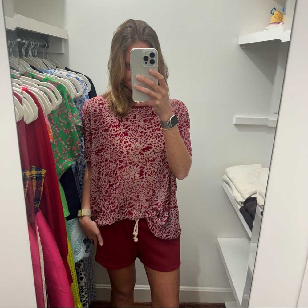 Free People Red Patterned Short Sleeve Top